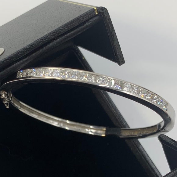 14K White Gold Princess Cut Diamond Bangle Bracelet - Picture 4 of 15